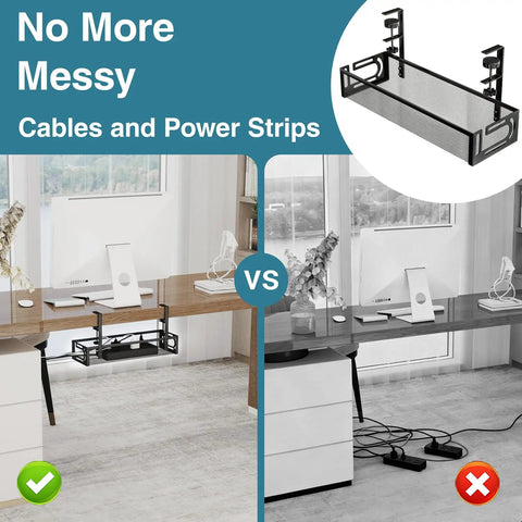 No Drill Under Desk Cable Tray With Clamp Mount Fifteen Point Seven Inch Cord Organizer installed on desk