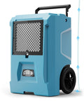 Commercial Grade Dehumidifier With 110 Pint Daily Capacity And Built In Condensate Pump For Large Basements Warehouses Garages And Gyms side view showing drainage pump and wheels