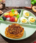 Five Pack 9 Inch Unbreakable Portion Control Plates With Three Compartments Reusable BPA Free Dinner Plates For Balanced Meals And Adults Ideal For Easy Meal Prep And Healthy Eating displaying food items in different sections
