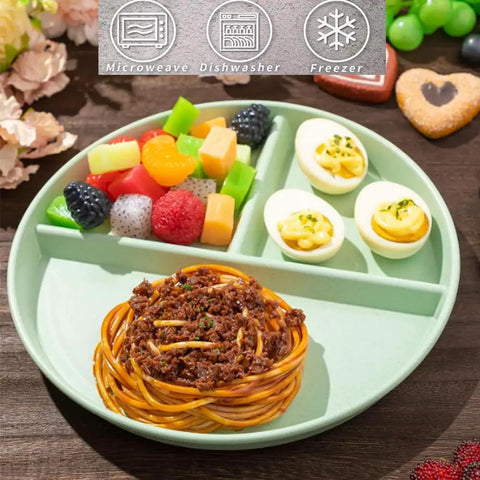 Five Pack 9 Inch Unbreakable Portion Control Plates With Three Compartments Reusable BPA Free Dinner Plates For Balanced Meals And Adults Ideal For Easy Meal Prep And Healthy Eating displaying food items in different sections