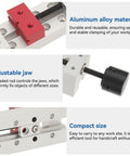 Slick Compact Mini Vise With 50mm Jaw Space, showing durable aluminum alloy material and adjustable jaws for precise clamping.