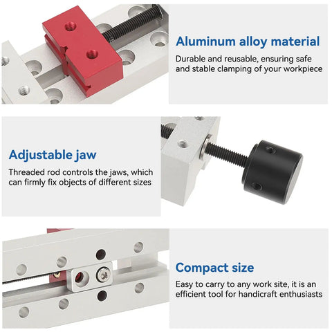 Slick Compact Mini Vise With 50mm Jaw Space, showing durable aluminum alloy material and adjustable jaws for precise clamping.