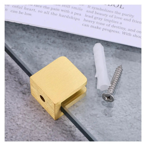 4 Piece Glass Clamp Set Solid Brass Brushed Gold Shelf Support Brackets Clips Square Shape For Eight To Ten Millimeter Glass Panels Heavy Duty Boss Grade Built For Real Life Use In Home Showcases And Bathrooms, single clamp for 8-10 mm glass on stone surface