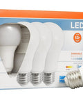 Bright White LED A19 Bulbs 9W Replace 60W Equivalent Pack Of 4 Dimmable Frosted Finish 800 Lumens Medium Base Energy Saving Modern Lighting For Home And Office packaging