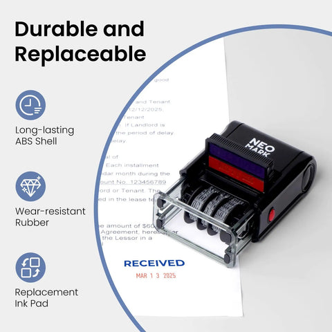 No Sweat Self Inking Date Stamp Engineered For Quick Adjustable Marking With Crisp Bright Impressions That Dry Fast, shown on a document.
