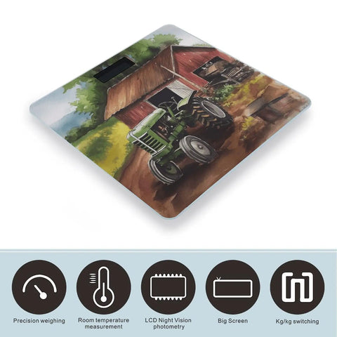 Farm Tractor Themed Digital Body Scale With High Precision Dope Slim Compact Bathroom Scale For Bedroom Kitchen And Home Use Modern Personal Weighing Machine displaying farm scene