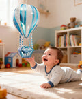 Blue 4D Hot Air Balloon Mylar Foil Balloon floating in nursery with baby, size 35 inch, part of 4 pack helium decorations.