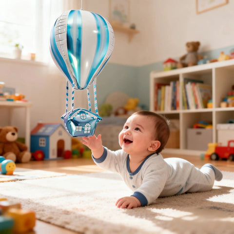 Blue 4D Hot Air Balloon Mylar Foil Balloon floating in nursery with baby, size 35 inch, part of 4 pack helium decorations.