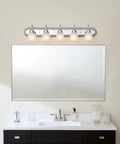 Five Light Bathroom Vanity Fixture, Traditional 36-Inch Bar With Satin Etched Glass Shades In Tannery Bronze, Over Mirror Lighting