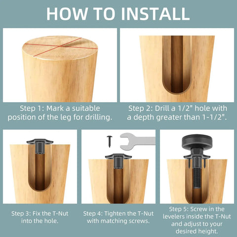 Installation guide for Heavy Duty 8 Pack 3/8-16 Threaded Furniture Levelers With Adjustable Feet For Table Desk Chair Sofa Cabinet And Workbench