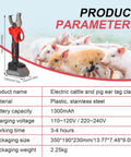 Electric Livestock Ear Tagger With Dual Batteries And Six Tag Needles shown with product parameters and pigs in background.