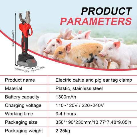 Electric Livestock Ear Tagger With Dual Batteries And Six Tag Needles shown with product parameters and pigs in background.