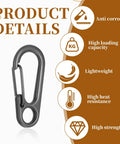 30 Pack Mini Carabiner Clips Keychain Snaps Durable Zinc Alloy Micro Carabiners With Clear Storage Box For Keys Gear Camping Outdoors Black Finish Great For Organizing shown with icons highlighting anti-corrosion, high loading capacity, lightweight, high heat resistance, and high strength features.