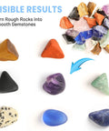 Ultra Quiet Rock Tumbler Kit With Noise Reduction Cover showing polished and rough stones for kids and adults