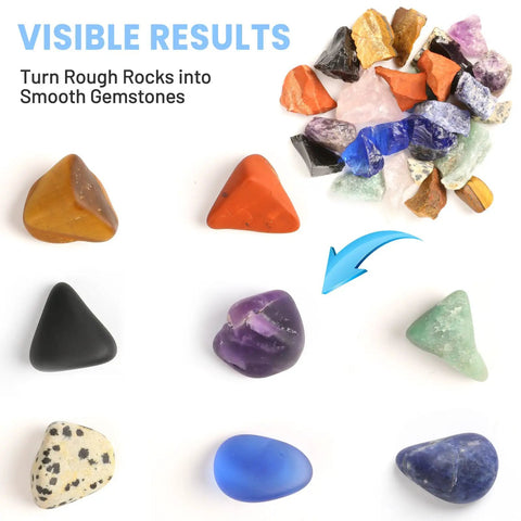 Ultra Quiet Rock Tumbler Kit With Noise Reduction Cover showing polished and rough stones for kids and adults