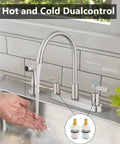 Two Handle High Arc Kitchen Faucet With Side Sprayer In Slick Brushed Nickel Finish offering water flow with hot and cold controls.