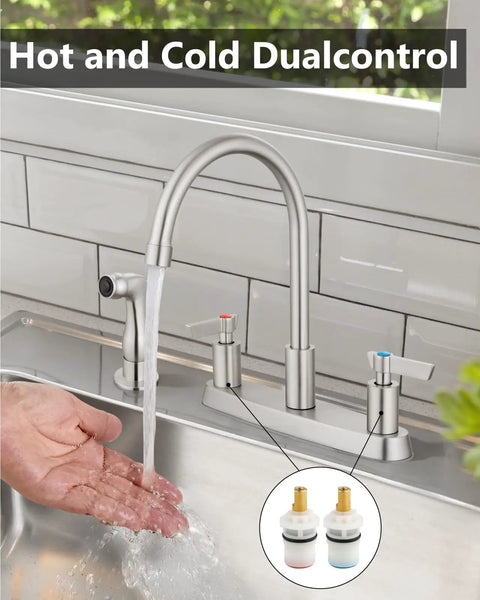 Two Handle High Arc Kitchen Faucet With Side Sprayer In Slick Brushed Nickel Finish offering water flow with hot and cold controls.