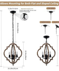 Diagram showing Dope Four Light Farmhouse Wood Chandelier With Rustic Orb Pendant Lighting Fixture dimensions for various ceilings