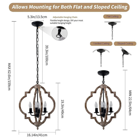 Diagram showing Dope Four Light Farmhouse Wood Chandelier With Rustic Orb Pendant Lighting Fixture dimensions for various ceilings
