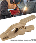 Heavy Duty Brass Shaped Welding Ground Clamp 300 Amp For Shipyard Auto Jobs With Super Grip Earth Cable Clip That Never Slips During Intense Work close-up on brass material.