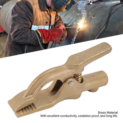 Heavy Duty Brass Shaped Welding Ground Clamp 300 Amp For Shipyard Auto Jobs With Super Grip Earth Cable Clip That Never Slips During Intense Work close-up on brass material.