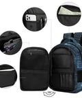 Lit Light Blue Celestial Star Chart Backpack with open compartments and pocket details, unisex, durable polyester