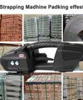 Game Changer Handheld Electric Strapping Machine With A Quick Charge 4000mAh Battery on pallets with PP PET bands.
