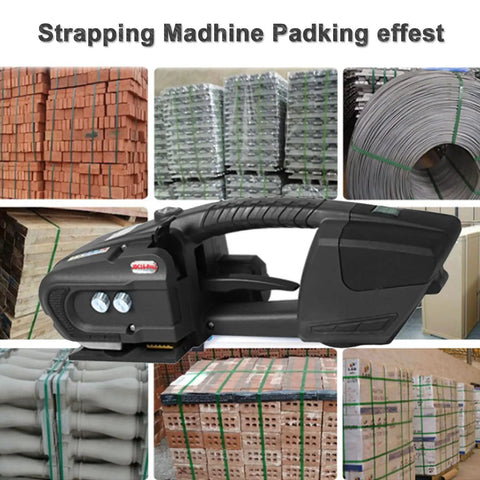 Game Changer Handheld Electric Strapping Machine With A Quick Charge 4000mAh Battery on pallets with PP PET bands.