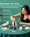Woman using Premium Candle Making Kit With Wax Melter For DIY Scented Candles Includes Glass Jars And Tin Containers Scents And Color Dyes Thermometer Stirring Spoon 8 Wax Packs 8 Fragrances 16 Dye Blocks For Easy At Home Crafting with metal pot on table.