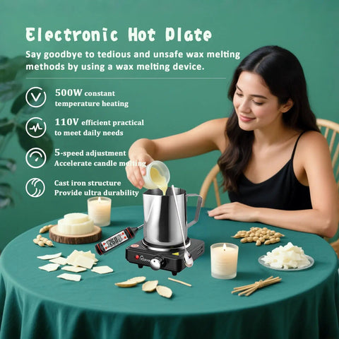 Woman using Premium Candle Making Kit With Wax Melter For DIY Scented Candles Includes Glass Jars And Tin Containers Scents And Color Dyes Thermometer Stirring Spoon 8 Wax Packs 8 Fragrances 16 Dye Blocks For Easy At Home Crafting with metal pot on table.