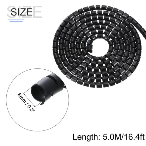 Spiral Tube Wrap Cable Kit Management Sleeve 5M 8mm PE Flexible Black for wire organization and routing in DIY auto projects.