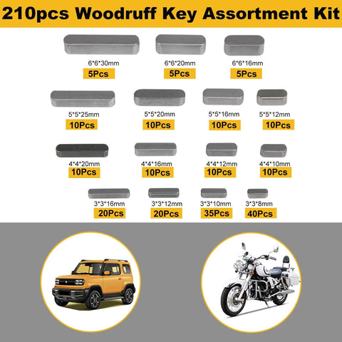 Woodruff key assortment kit, 210pcs, carbon steel, black; multiple shaft sizes for flywheels and pulleys (front view)