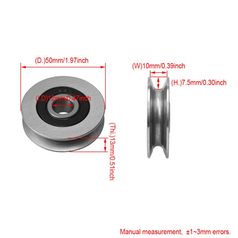 Front and side views of CNBTR iron bearing steel cable pulley; 50 mm diameter, 12 mm bore.