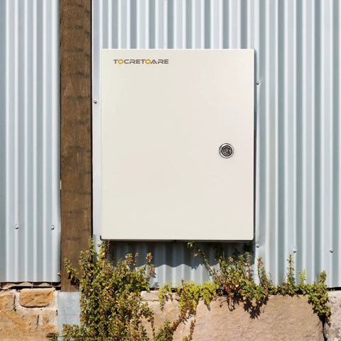Rugged Outdoor Electrical Box Built Tough Steel Junction Enclosure mounted on ribbed metal wall