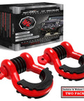 Image of Heavy Duty Three Quarters Inch D Ring Shackle Set, 2 Pack, 41,887 Lbs Break Strength, Seven Eighths Inch Screw Pin, Shackle Isolator Washers Kit For Tow Strap Winch Off Road Recovery Red, showing red 3/4 inch shackles with black isolators.