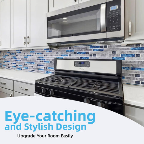 Kitchen with Blue Gray Glass Dope Decorative Tile 5 Pack Mosaic backsplash, mesh-backed, 11.8 x 11.8 inch, natural mineral stone and crystal glass