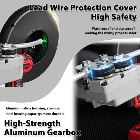 Heavy Duty Brushless Wire Tugger Electric Cable Pulling Machine With Variable Speed And Four Steel Guide Wheels, showing lead wire safety cover.