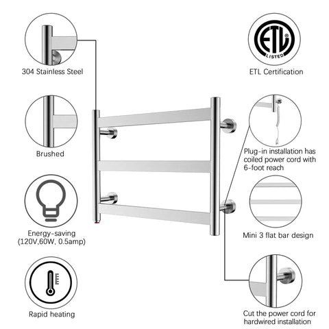 Three Bar Towel Warmer Dryer, wall mounted, brushed stainless steel, energy efficient, 60W, with plug-in and hardwired options.