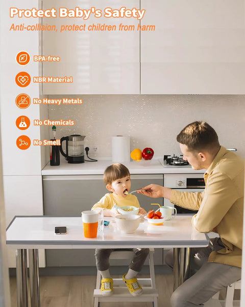 Gotta Keep The Kiddos Safe With These Rock Solid Baby Proof Edge Protectors Featuring Super Thick Air Cushion Rubber Foam Padding Soft High Density Corner Guards Easy Peel And Stick Furniture Armor Sets in a kitchen with a child eating.