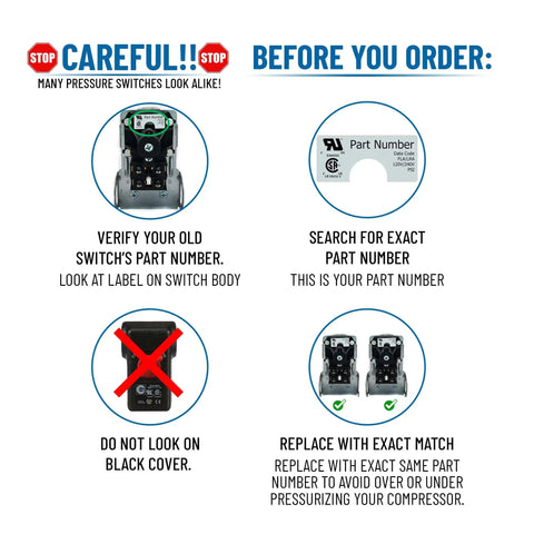 Instructions for verifying switch part number with images of air compressor pressure switch, label location, and matching guidance.