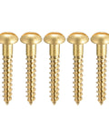 Brass Wood Screws M4 x 25mm on white background, slotted round high-strength fasteners for DIY woodworking projects, self-tapping, corrosion resistant