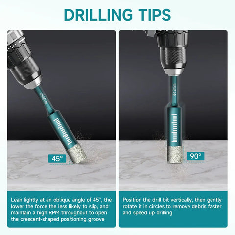 Pro Grade Diamond Coated Drill Bits Set, 10 Piece Hex Shank Kit drilling at 45 and 90 degrees on tile surface