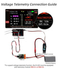 Voltage telemetry guide for 12 Channel RC Transmitter And Receiver With 2.4GHz Remote For FPV Drones Quads Helicopters Cars And Boats Mode 2 Left Hand Throttle Voltage Telemetry DSSS FHSS 7dBi Antenna For Beefed Up Signal Up To 4km, showing R12DS receiver and PRM-01 module connections.
