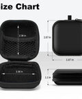 Carry Anywhere EVA Earbud Case With Carabiner, size chart showing open and closed views, black, 2.87x2.87x1.1 inches
