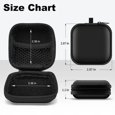 Carry Anywhere EVA Earbud Case With Carabiner, size chart showing open and closed views, black, 2.87x2.87x1.1 inches