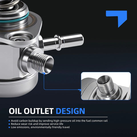 Close-up of High Pressure Fuel Pump For Ford Explorer Taurus Flex Police Interceptor Sedan And Police Interceptor Utility Lincoln MKS MKT 2010-2019 3.5L V6 Turbo Replacement HM10034 GDP206 showing oil outlet design and metal fittings