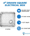 Pro Grade Heavy Duty Electrical Junction And Outlet Box Set Eight Pack With Dual Depth 4x4 And 4x2 Metal Boxes Four 1.5 In Deep 21 Cu In Junction Boxes And Four 1.875 In Deep 13 Cu In Outlet Boxes Industrial Grade Kit For Wiring Projects. 4-inch steel electrical box, 21 cu in, 1-1/2 in deep