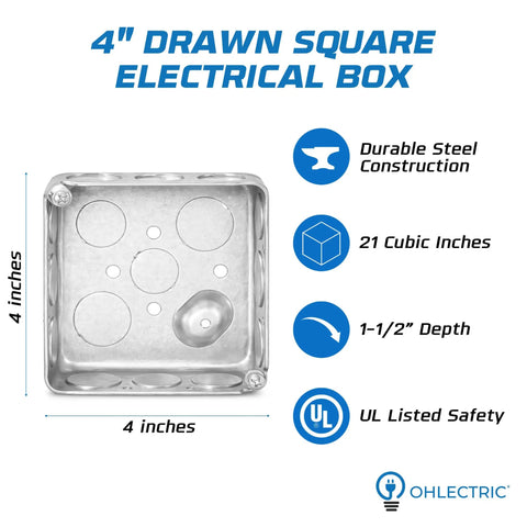 Pro Grade Heavy Duty Electrical Junction And Outlet Box Set Eight Pack With Dual Depth 4x4 And 4x2 Metal Boxes Four 1.5 In Deep 21 Cu In Junction Boxes And Four 1.875 In Deep 13 Cu In Outlet Boxes Industrial Grade Kit For Wiring Projects. 4-inch steel electrical box, 21 cu in, 1-1/2 in deep