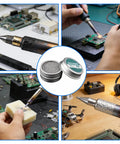 Tip Cleaner For Oxidation Removal Keeps Soldering Iron Tips Active shown with electronics repair tools and circuit boards