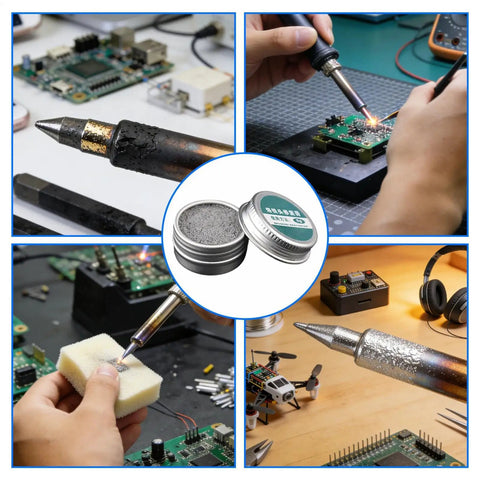 Tip Cleaner For Oxidation Removal Keeps Soldering Iron Tips Active shown with electronics repair tools and circuit boards